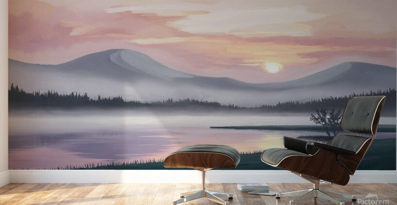 A misty mountain range and a tranquil lake at sunrise Wall Murals