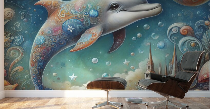 371 Mixed media painting of a whimsical dolphin.j Wall Murals