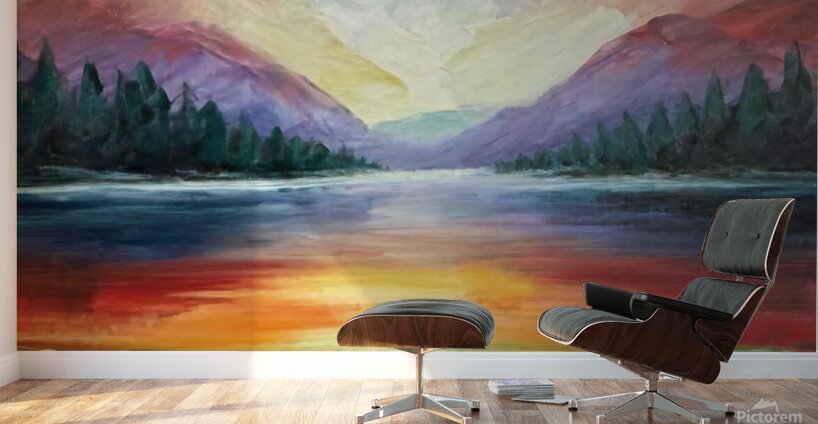 A stunning landscape painting of a serene lake surrounded by lush forests and majestic mountains Wall Murals