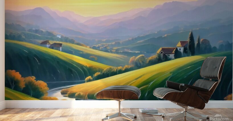 A stunning landscape with a vibrant sunset over rolling hills and valleys Wall Murals