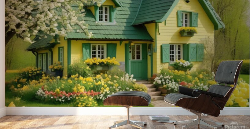 romantic april cottage with flowers in green and Wall Murals