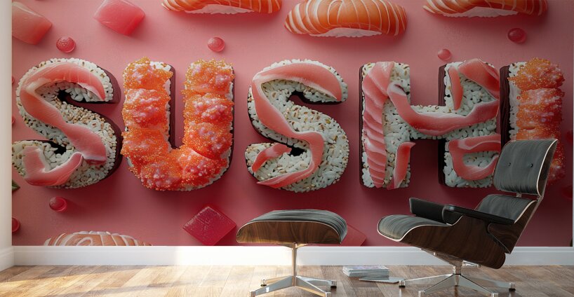 3d letters SUSHI with sushi food and accessorie 7 Wall Murals