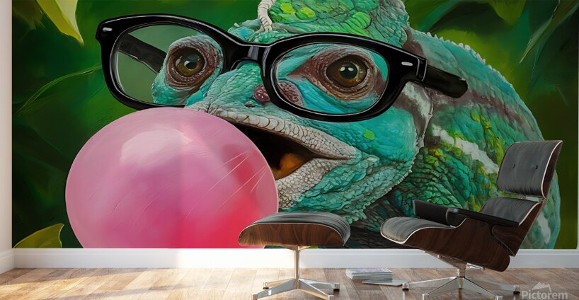 A chameleons wearing glasses and blowing a bubble Wall Murals