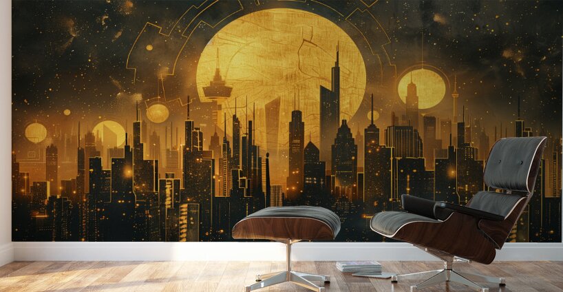 A celestial cityscape where skyscrapers and lan f Wall Murals