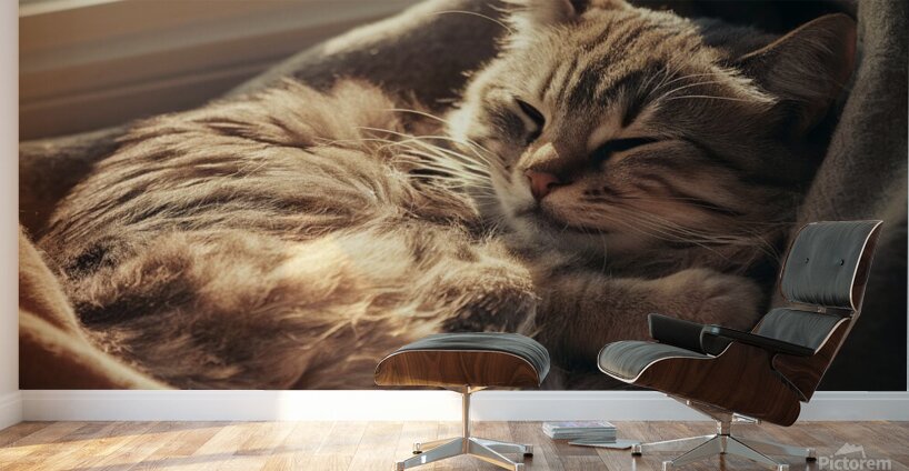 A photo of a cat curled up in a cozy spot basking in the sunlight. Wall Murals