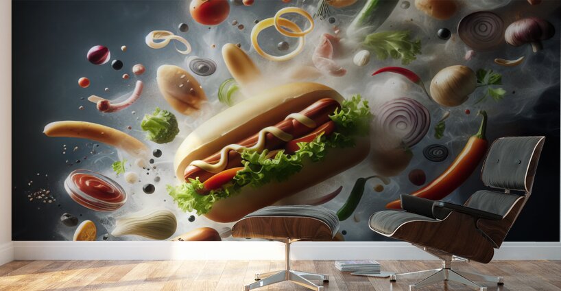 150 Creative food concept. Delicious hotdog bun w Wall Murals