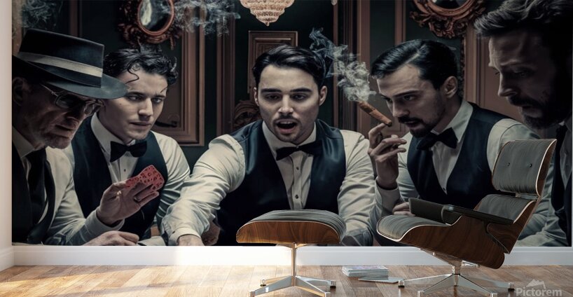 a captivating image of a group of five card playe Wall Murals