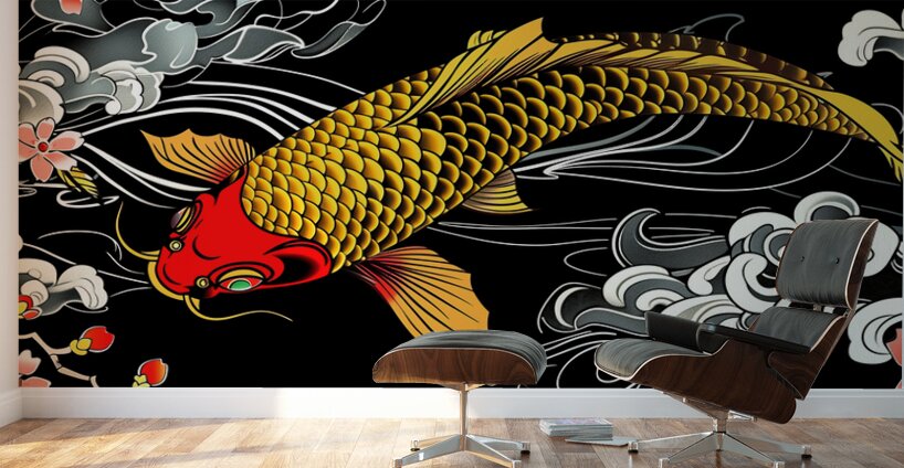 Traditional japanese koi fish with floral patterns Wall Murals