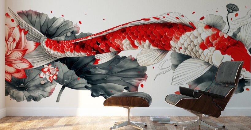 Elegant koi fish with lotus flowers panoramic art Wall Murals