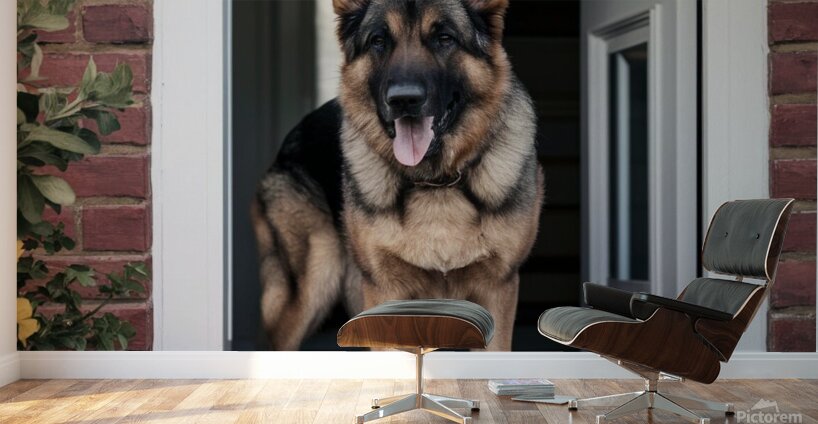 Watchful guard: A German shepherd standing alert at the entrance of a home. Wall Murals