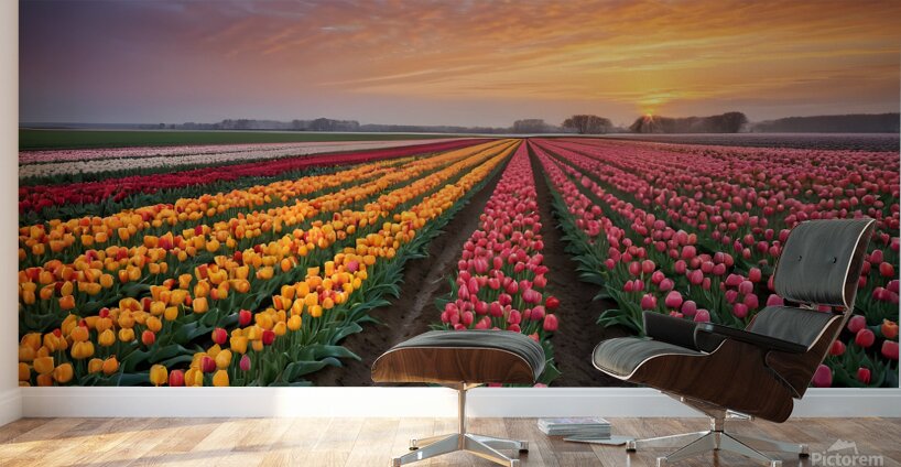 Beautiful Red and Yellow Tulips With RainDrops with sunrise   Wall Murals