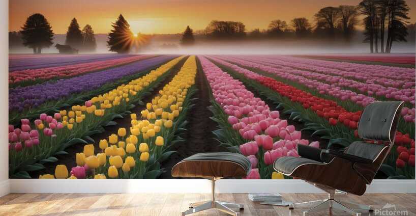 Beautiful Red and Yellow Tulips with sunrise and Clouds Wall Murals