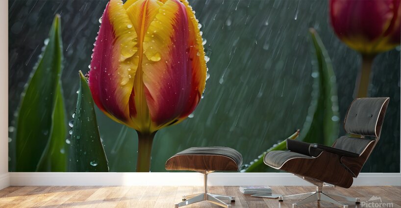 Clous-UP Beautiful Red and Yellow Tulips With RainDrops Wall Murals