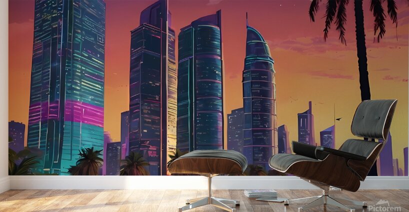 Default GTA VI style drawing of a vibrant coastal city Wall Murals