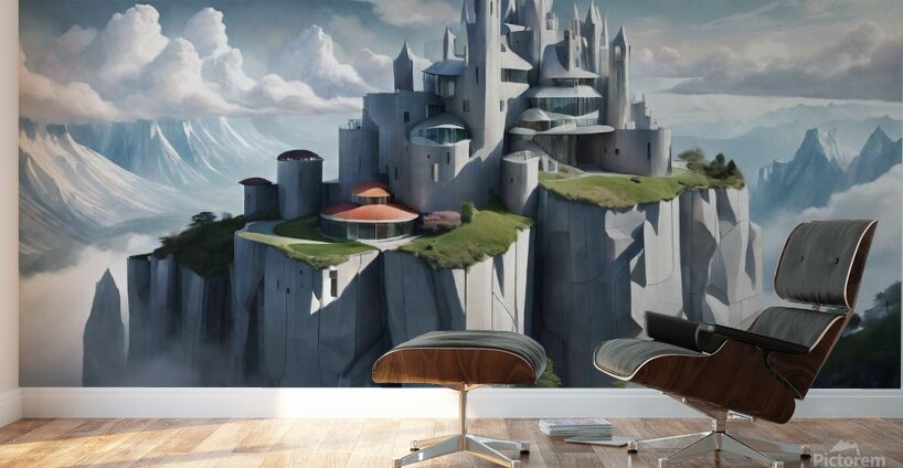 Architectural Marvel on a Rocky Precipice: A Fusion of Gothic and Art Deco Inspirations Wall Murals