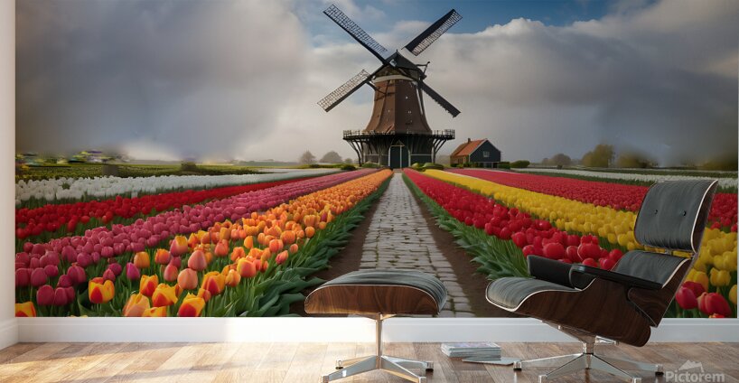 Beautiful Red and Yellow Tulips with sunrise with Windmill   Wall Murals