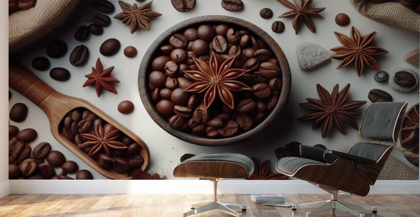 49 Coffee beans isolated top view white backgroun Wall Murals