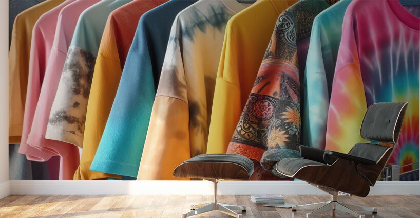 35 Colorful T Shirts Hanging on Clothes Rack Wall Murals
