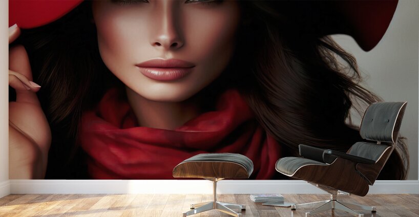 56 Elegant Woman in Red Hat and Scarf Wall Murals