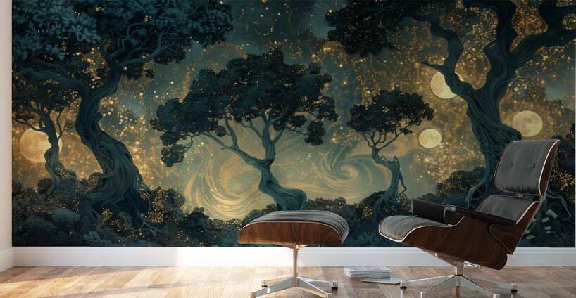 A mystical forest bathed in the soft glow of mo d Wall Murals