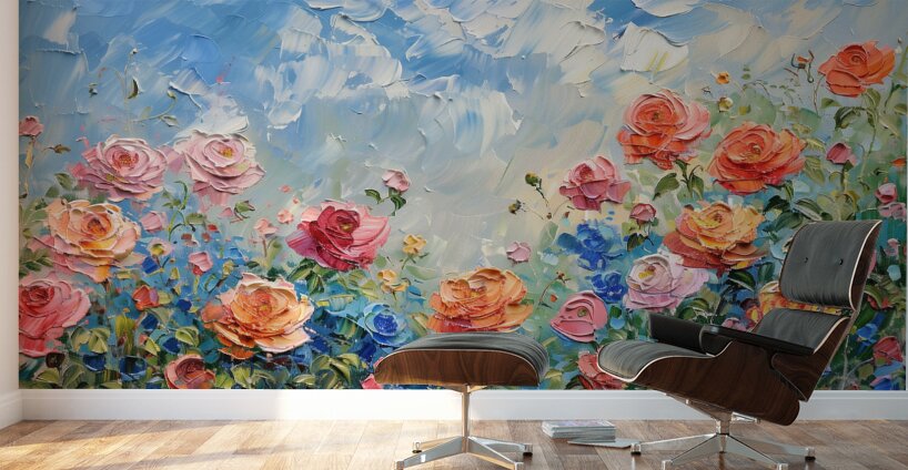 A tranquil garden scene adorned with blooming r 0 Wall Murals