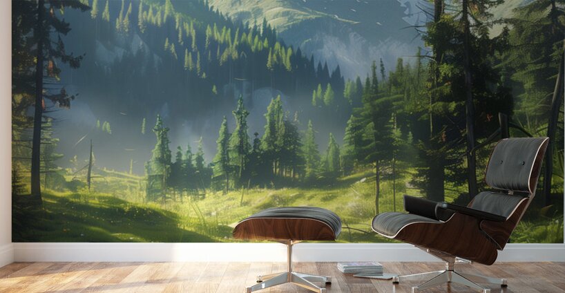 A tranquil mountain stream winds through the fo b Wall Murals