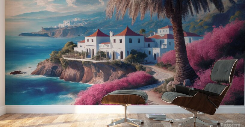 Tranquil coastal scene A tall palm tree stands prominently on the beach Wall Murals