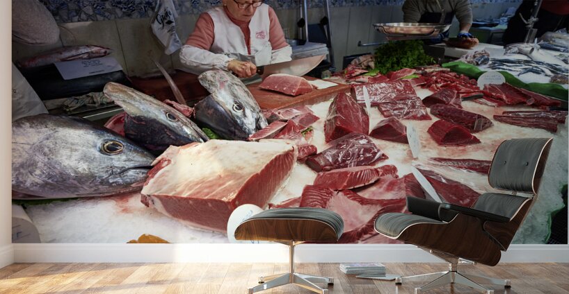 Barcelona. Catalonia. Spain. The Mercat de Sant Josep de la Boqueria. Tuna fish at fishmonger stall Wall Murals