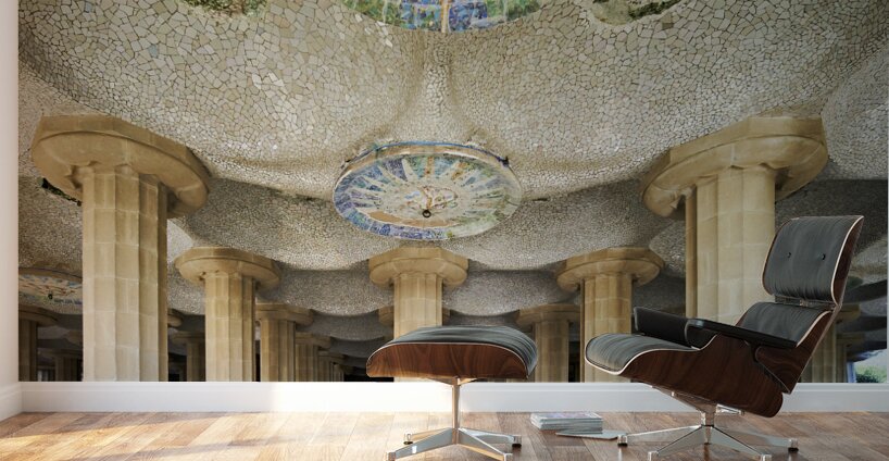 Barcelona. Catalonia. Spain. Columns and Domes of Hypostyle Room in Park Guell Wall Murals