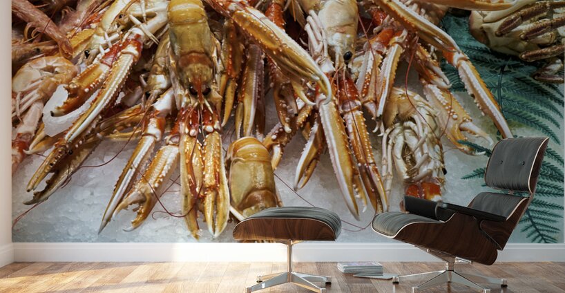 Barcelona. Catalonia. Spain. The Mercat de Sant Josep de la Boqueria. Tiger Prawns at fishmonger stall Wall Murals