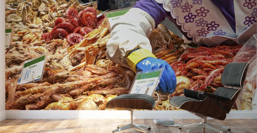 Barcelona. Catalonia. Spain. The Mercat de Sant Josep de la Boqueria. Tiger Prawns at fishmonger stall Wall Murals