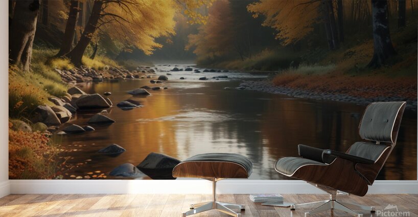 Calm River Flowing Through an Autumn Forest amazing serene landscape Wall Murals