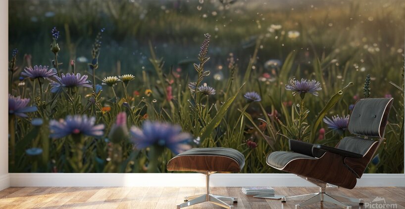 Morning Dew on a Meadow of Flowers amazing serene landscape Wall Murals