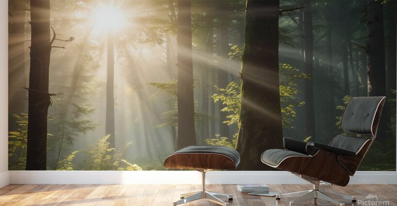 Sunlight Filtering Through Forest Trees amazing serene landscape Wall Murals