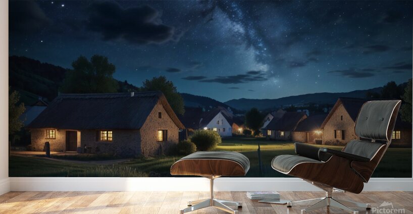 Starry Night Sky Over a Quiet Village amazing serene landscape Wall Murals