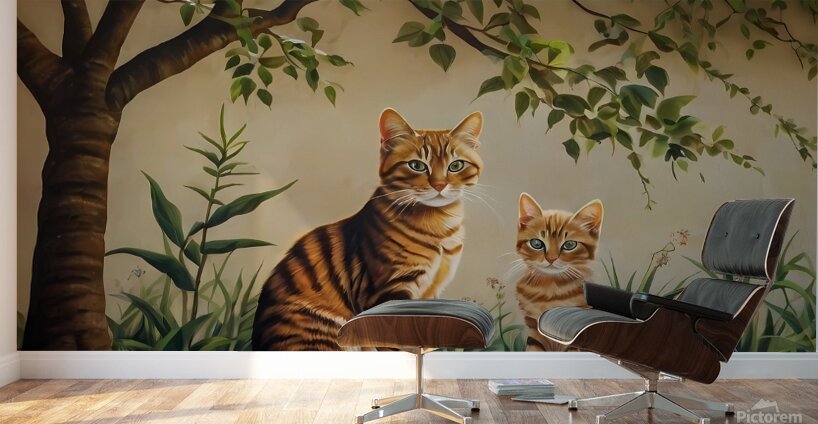 Default A high-quality wall painting depicts a cat and its kitten under the shade of a tree Wall Murals