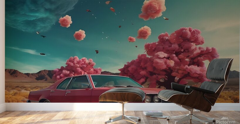 A luxury car in the pink wilderness Wall Murals