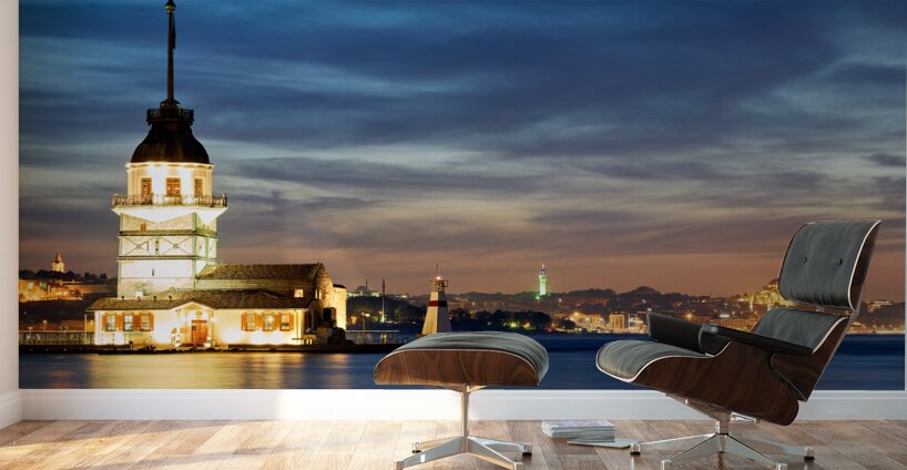 Istanbul Turkey. The Maidens tower on the Bosphorus and the Süleymaniye Mosque at sunset Wall Murals