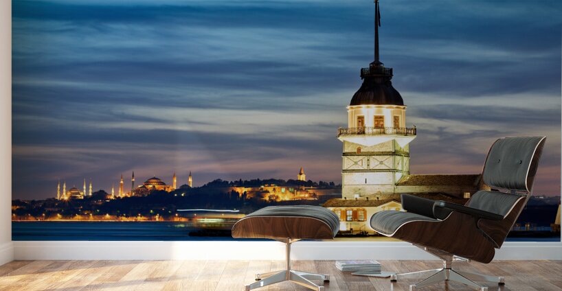 Istanbul Turkey. The Maidens tower on the Bosphorus and Blue Mosque Hagia Sophia at sunset Wall Murals