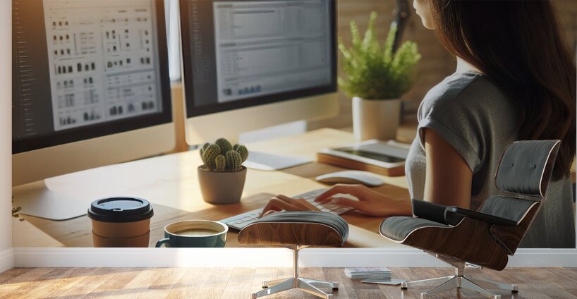 87 Woman working with her back at a desk with two 1718050788.6058 Wall Murals
