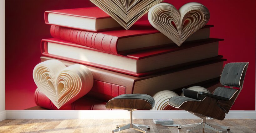 93 Heart Shaped Book Stack on Red Wall Murals
