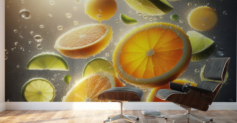 125 citrus slices floating in the air Wall Murals