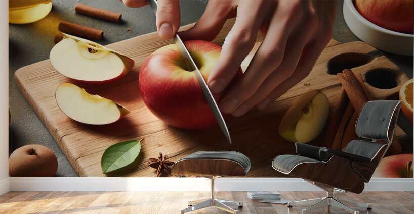 142 Cropped picture of hands cutting apple on cut Wall Murals