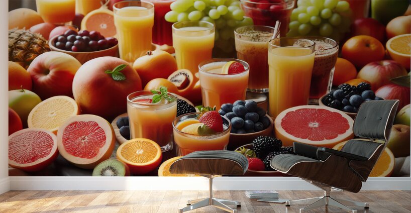 100 A table covered with glasses of juice and ass Wall Murals