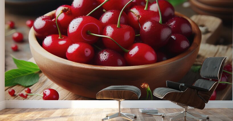 160 Red cherries on wooden board Wall Murals