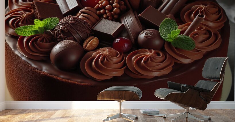 225 Chocolate cake with red berries and fruitscho Wall Murals