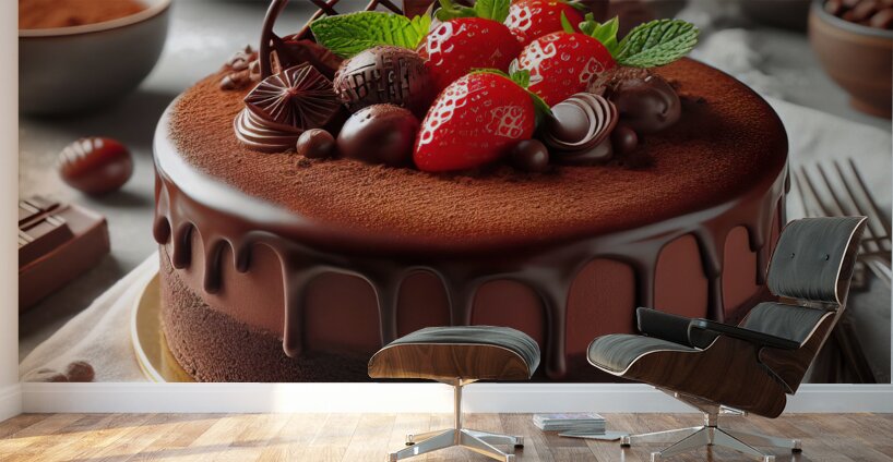 226 Chocolate cake with red berries and fruitscho Wall Murals