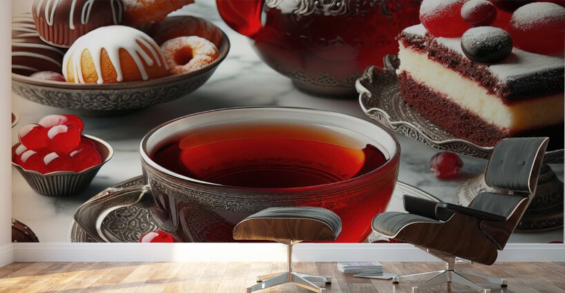 269 Two cups of red tea with cakes and sweets on Wall Murals