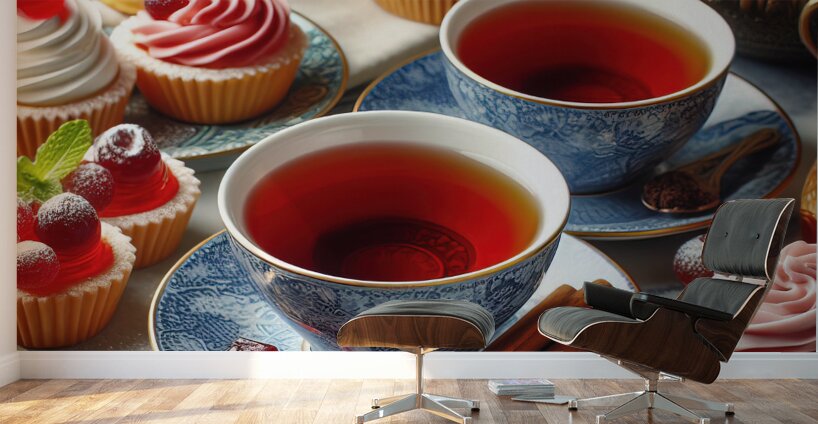 268 Two cups of red tea with cakes and sweets on Wall Murals