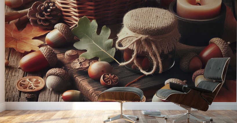 300 acorns and leaves on wooden table with copy s Wall Murals